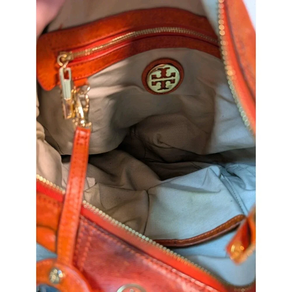 TORY BURCH Hobo PLEATED LEATHER HOBO Shoulder BAG Orange Brown Mirror Flaw